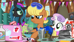 Size: 1100x619 | Tagged: safe, artist:pixelkitties, character:ms. harshwhinny, character:queen chrysalis, character:sweetie belle, species:human, season 8, alcohol, bagpipes o'toole, burned, clothing, computer, cooking, dc comics, egg (food), food, fried egg, hangover, harley quinn, hiatus, juice, juice box, laptop computer, maple syrup, marco rubio, milk, oatmeal, oats, pajamas, pancakes, republican, spider, sweetie belle can't cook, sweetie fail, vodka, votehorse, whiskey