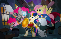 Size: 1000x647 | Tagged: safe, artist:pixelkitties, character:bon bon, character:fluttershy, character:pinkie pie, character:sweetie drops, species:earth pony, species:pegasus, species:pony, amused, batman, batmare, bon bon is amused, cape, clothing, costume, crossover, cute, dc comics, diapinkes, female, flying, justice league, lasso, lasso of truth, mare, open mouth, pillow, pillow fight, rope, shield, shyabetes, smiling, superman, supermare, trio, wonder woman