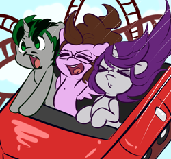 Size: 4413x4101 | Tagged: safe, artist:wickedsilly, oc, oc only, oc:ivy rose, oc:logic loop, oc:wicked silly, species:pony, species:unicorn, absurd resolution, cute, facial hair, female, glasses, male, mare, ocbetes, roller coaster, stallion