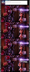 Size: 582x1371 | Tagged: safe, artist:jamescorck, character:fizzlepop berrytwist, character:tempest shadow, oc, oc:movie slate, species:pony, species:unicorn, my little pony: the movie (2017), 2001: a space odyssey, blushing, comic, dialogue, duo, emily blunt, female, film projector, film reel, mare, movie poster, movie projector, raiders of the lost ark, sicario, story in the source, tumblr comic, voice actor joke