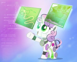 Size: 1000x801 | Tagged: safe, artist:pixelkitties, character:sweetie belle, species:pony, species:unicorn, sweetie bot, autobot, autobot insignia, c++, crossover, cutie mark, female, filly, foal, hooves, horn, open mouth, programming, robot, robot pony, solo, the ark, transformers