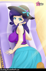 Size: 643x1000 | Tagged: safe, alternate version, artist:clouddg, character:rarity, my little pony:equestria girls, ass, breasts, busty rarity, butt, clothing, crepuscular rays, ear piercing, earring, female, hat, human coloration, jewelry, looking at you, looking back, looking back at you, midriff, piercing, rearity, signature, solo, sun hat, swimsuit