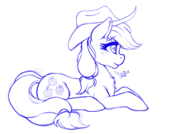 Size: 2048x1536 | Tagged: safe, artist:ratofdrawn, character:applejack, species:earth pony, species:pony, chest fluff, clothing, cowboy hat, explicit source, female, hat, mare, monochrome, profile, prone, simple background, sketch, solo, white background