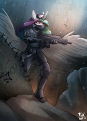 Size: 862x1200 | Tagged: safe, artist:foxinshadow, character:princess celestia, species:alicorn, species:anthro, species:plantigrade anthro, g4, armor, clothing, commission, eyebrows, eyebrows visible through hair, female, g36c, goggles, gun, mare, rifle, signature, solo, spread wings, three quarter view, weapon, wings