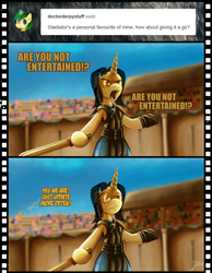 Size: 787x1014 | Tagged: safe, artist:jamescorck, oc, oc:movie slate, species:pony, species:unicorn, armor, armor skirt, audience, bipedal, clothing, comic, dexterous hooves, dialogue, female, gladiator, gladiatrix, mare, parody, skirt, story in the source, sword, tumblr comic, weapon