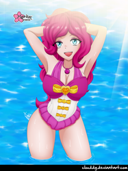 Size: 747x1000 | Tagged: safe, artist:clouddg, character:pinkie pie, my little pony:equestria girls, arm behind head, armpits, clothing, female, geode of sugar bombs, human coloration, signature, solo, swimsuit, water
