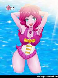 Size: 747x1000 | Tagged: safe, artist:clouddg, character:pinkie pie, g4, my little pony: equestria girls, my little pony:equestria girls, adorasexy, arm behind head, armpits, breasts, busty pinkie pie, cleavage, clothing, crepuscular rays, cute, eye clipping through hair, female, geode of sugar bombs, open mouth, pony coloring, sexy, signature, solo, swimsuit, water
