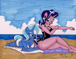 Size: 2130x1658 | Tagged: safe, artist:newyorkx3, character:starlight glimmer, character:trixie, species:anthro, species:plantigrade anthro, species:pony, species:unicorn, adorasexy, barefoot, beach, bikini, black swimsuit, breasts, cleavage, clothing, curvy, cute, duo, eye contact, eyelashes, eyeshadow, feet, female, horn, lidded eyes, looking at each other, looking back, makeup, mare, ocean, one-piece swimsuit, open mouth, prone, rubbing, sexy, signature, sitting, sky, smiling, swimsuit, towel, traditional art, white swimsuit