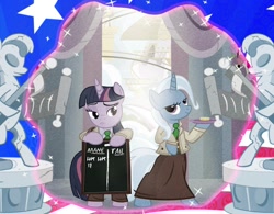 Size: 1000x780 | Tagged: safe, artist:pixelkitties, character:trixie, character:twilight sparkle, alternate dimension, bioshock, bioshock infinite, bipedal, clothing, coin, columbia, dress, lutece twins, plate, portal, scoreboard, scroll, statue, tally marks