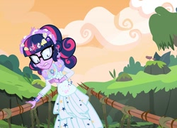 Size: 1000x720 | Tagged: safe, artist:pixelkitties, character:twilight sparkle, character:twilight sparkle (scitwi), species:eqg human, species:human, my little pony:equestria girls, alternate hairstyle, beads, bracelet, clothing, dress, element of magic, flower, glasses, indiana jones and the temple of doom, jewel, jewelry, necklace, wreath