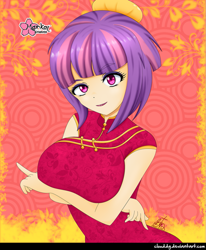 Size: 823x1000 | Tagged: safe, alternate version, artist:clouddg, character:sunny flare, my little pony:equestria girls, big breasts, breasts, busty sunny flare, clothing, dress, female, human coloration, looking at you, signature, smiling, solo