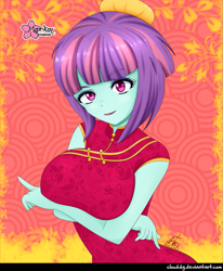 Size: 823x1000 | Tagged: safe, artist:clouddg, character:sunny flare, my little pony:equestria girls, big breasts, breasts, busty sunny flare, clothing, crossed arms, dress, female, looking at you, signature, smiling, solo