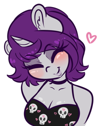 Size: 2370x2798 | Tagged: safe, artist:wickedsilly, oc, oc only, oc:wicked silly, species:anthro, species:pony, species:unicorn, alternate hairstyle, anthro oc, blushing, breasts, cleavage, eyes closed, female, heart, mare, short hair, simple background, smiling, solo, white background