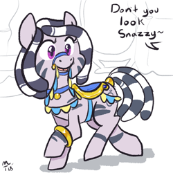 Size: 800x800 | Tagged: safe, artist:mt, oc, oc only, oc:zala, species:zebra, bridle, cute, female, filly, saddle, simple background, solo, tack, text, white background