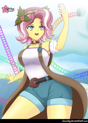 Size: 717x1000 | Tagged: safe, artist:clouddg, character:vignette valencia, equestria girls:rollercoaster of friendship, g4, my little pony: equestria girls, my little pony:equestria girls, breasts, busty vignette valencia, cellphone, clothing, female, hips, legs, open mouth, phone, selfie, sexy, shorts, signature, smartphone, solo, thick, thighs, vignette valencia, wide hips