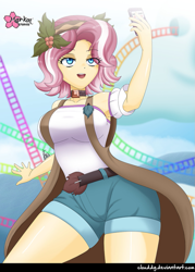 Size: 717x1000 | Tagged: safe, alternate version, artist:clouddg, character:vignette valencia, equestria girls:rollercoaster of friendship, g4, my little pony: equestria girls, my little pony:equestria girls, breasts, busty vignette valencia, cellphone, clothing, female, human coloration, legs, open mouth, phone, selfie, shorts, signature, smartphone, solo, thighs, vignette valencia, wide hips