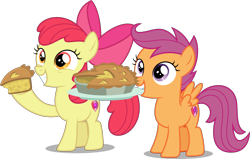 Size: 5000x3172 | Tagged: safe, artist:dashiesparkle, character:apple bloom, character:scootaloo, species:earth pony, species:pegasus, species:pony, episode:the break up break down, .svg available, adorabloom, cute, cutealoo, duo, filly, foal, food, hoof hold, mouth hold, pie, plate, simple background, transparent background, vector