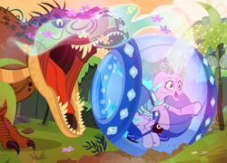 Size: 1000x720 | Tagged: safe, artist:pixelkitties, character:mistmane, species:pony, species:unicorn, crossover, curved horn, dinosaur, female, indominus rex, jurassic world, mare, smiling