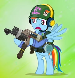 Size: 900x932 | Tagged: safe, artist:pixelkitties, character:rainbow dash, species:pegasus, species:pony, alien (franchise), bipedal, crossover, duct tape, female, flamethrower, full metal jacket, gun, m240 incinerator unit, m41a pulse rifle, mare, rifle, solo, weapon