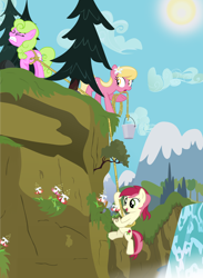 Size: 6000x8200 | Tagged: safe, artist:atnezau, artist:mundschenk85, artist:parclytaxel, character:daisy, character:lily, character:lily valley, character:roseluck, species:earth pony, species:pony, absurd resolution, background pony, bucket, cliff, female, flower, flower in hair, flower trio, lily (flower), mare, mountain, mountain range, pine tree, rope, seeds of truth, straining, sweat, tree, trio, trio female, vector, waterfall