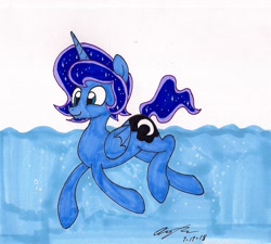 Size: 1468x1324 | Tagged: safe, artist:newyorkx3, character:princess luna, species:alicorn, species:pony, artemabetes, cute, male, prince artemis, rule 63, rule63betes, smiling, solo, stallion, swimming, traditional art, water