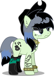 Size: 753x1060 | Tagged: safe, artist:dashiesparkle, oc, oc only, oc:southern gothic, parent:beauty brass, parent:fiddlesticks, parents:fiddlebrass, species:earth pony, species:pony, icey-verse, boots, choker, clothing, cowboy boots, cowboy hat, dyed mane, ear piercing, earring, eyeshadow, face tattoo, female, hat, jewelry, lip piercing, magical lesbian spawn, makeup, mare, next generation, offspring, piercing, shoes, simple background, socks, solo, spiked choker, spiked wristband, tattoo, transparent background, unamused, vector, wristband