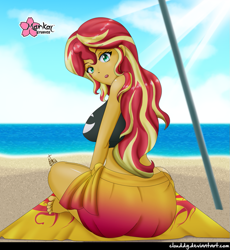 Size: 921x1000 | Tagged: safe, artist:clouddg, character:sunset shimmer, g4, my little pony: equestria girls, my little pony:equestria girls, ass, barefoot, beach, beach babe, beach towel, big breasts, breasts, bunset shimmer, busty sunset shimmer, clothing, crepuscular rays, crossed legs, feet, female, hot, looking at you, looking back, midriff, ocean, open mouth, sand, sexy, signature, solo, swimsuit, towel
