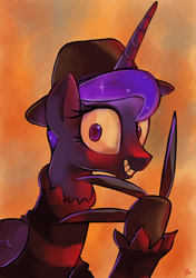 Size: 1800x2550 | Tagged: safe, artist:docwario, character:princess luna, species:alicorn, species:pony, clothing, cosplay, costume, creepy, creepy grin, crossover, dream walker luna, ethereal mane, female, freddy krueger, galaxy mane, grin, hat, knife, looking at you, mare, metal claws, nightmare on elm street, smiling, solo