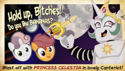 Size: 500x284 | Tagged: safe, artist:pixelkitties, character:princess celestia, character:scootaloo, character:sweetie belle, species:pegasus, species:pony, species:unicorn, banana, do you like bananas?, fallout, fallout: new vegas, female, filly, food, friendship is magic bitch, moon, parody, robot, spaceship, vulgar