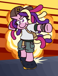 Size: 1300x1700 | Tagged: safe, artist:threetwotwo32232, character:princess cadance, species:alicorn, species:pony, newbie artist training grounds, atg 2018, clothing, dreadlocks, explosion, female, grinding, mare, parody, semi-anthro, skateboard, solo, two best friends play, two best sisters play, wooldance, woolie