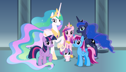 Size: 11200x6400 | Tagged: safe, artist:parclytaxel, character:princess cadance, character:princess celestia, character:princess flurry heart, character:princess luna, character:twilight sparkle, character:twilight sparkle (alicorn), oc, oc:parcly taxel, species:alicorn, species:pony, .svg available, :o, absurd resolution, alicorn hexarchy, alicorn oc, alicorn pentarchy, canterlot castle, female, foal, group shot, horn ring, looking at you, mare, open mouth, raised hoof, raised leg, smiling, vector