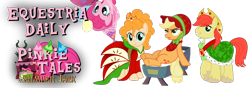 Size: 1000x350 | Tagged: safe, artist:jhayarr23, edit, character:applejack, character:bright mac, character:pear butter, character:pinkie pie, equestria daily, applejack's parents, banner, clothing, dress, fairy tale, pinkie tales, simple background, sleeping beauty, slumberjack, transparent background, unamused