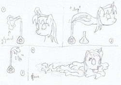 Size: 1617x1140 | Tagged: safe, artist:parclytaxel, oc, oc only, oc:parcly taxel, species:alicorn, species:pony, albumin flask, alicorn oc, bottle, descriptive noise, erlenmeyer flask, female, genie, genie pony, glycerol, goo pony, horn ring, levitation, lineart, magic, mare, monochrome, original species, pencil drawing, smiling, solo, telekinesis, traditional art, transformation, transformation sequence