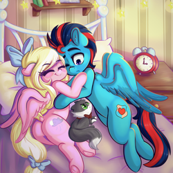 Size: 5000x5000 | Tagged: safe, artist:wickedsilly, oc, oc only, oc:andrew swiftwing, oc:bay breeze, species:pegasus, species:pony, absurd resolution, alarm clock, bed, blushing, book, bookshelf, bow, cat, clock, couple, cuddling, cute, eyes closed, female, glare, hair bow, male, mare, neck bow, oc x oc, one eye closed, pillow, plot, shipping, smiling, snuggling, stallion, stars, straight, swiftbreeze, tail bow, wings