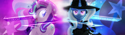 Size: 3840x1080 | Tagged: safe, artist:antylavx, artist:slb94, artist:wolfjedisamuel, character:starlight glimmer, character:trixie, species:pony, species:unicorn, alicorn amulet, assistant, beanie, clothing, hat, open mouth, raised hoof, trickster, wallpaper