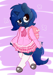 Size: 3361x4744 | Tagged: safe, artist:wickedsilly, oc, oc only, oc:starlight blossom, species:anthro, species:pony, species:unguligrade anthro, species:unicorn, anthro oc, backpack, clothing, cute, female, filly, looking back, mary janes, miniskirt, moe, ocbetes, pleated skirt, school uniform, shoes, skirt, socks, solo, thigh highs