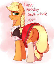 Size: 2133x2520 | Tagged: safe, artist:ratofdrawn, character:applejack, species:earth pony, species:pony, alternate hairstyle, applebutt, blonde, blonde hair, blonde mane, blushing, braid, braided tail, clothing, commando, cute, dress, eyebrows, eyelashes, female, freckles, green eyes, hair, jackabetes, lidded eyes, looking at you, looking back, mane, mare, moe, pigtails, plot, skirt, skirt lift, smiling, socks, solo, stupid sexy applejack, swiss dress, switzerland, tail, technically an upskirt shot
