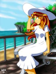 Size: 2250x3000 | Tagged: safe, artist:danmakuman, character:sunset shimmer, my little pony:equestria girls, art trade, clothing, dress, female, hat, high res, sitting, solo, sun hat, sundress