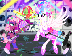 Size: 1000x773 | Tagged: safe, artist:pixelkitties, character:cheerilee, character:princess celestia, character:tree hugger, species:pony, bass guitar, clothing, drums, electric guitar, female, guitar, hippie horse noises, horse noises, mare, microphone, musical instrument, nicole oliver, punk, show accurate, speakers, voice actor joke