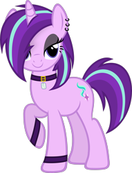 Size: 3435x4500 | Tagged: safe, artist:slb94, character:starlight glimmer, species:pony, species:unicorn, bedroom eyes, choker, ear piercing, earring, edgelight glimmer, female, goth, goth pony, gothic, jewelry, lidded eyes, looking at you, makeup, mare, piercing, simple background, smiling, solo, teenage glimmer, teenager, transparent background, vector, wristband