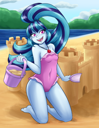 Size: 2550x3300 | Tagged: safe, artist:ambris, character:sonata dusk, my little pony:equestria girls, adorasexy, barefoot, beach, blushing, breasts, clothing, cute, digital art, feet, female, frilled swimsuit, gem, happy, high res, jewelry, looking at you, necklace, one-piece swimsuit, outdoors, pink swimsuit, sandcastle, sexy, signature, siren gem, small breasts, solo, sonatabetes, swimsuit