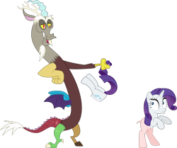 Size: 2298x1920 | Tagged: safe, artist:fabulouspony, artist:really-unimportant, artist:slb94, artist:wolfie-blitz, edit, editor:slayerbvc, character:discord, character:rarity, species:draconequus, species:pony, species:unicorn, assisted exposure, bipedal, bottomless, cartoon physics, discord being discord, female, furless edit, holding, looking back, male, mare, partial nudity, partial nudity edit, plot, shaved tail, simple background, transparent background, vector, vector edit, wide eyes