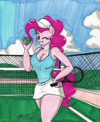 Size: 2017x2462 | Tagged: safe, artist:newyorkx3, character:pinkie pie, species:anthro, adorasexy, breasts, busty pinkie pie, cleavage, clothing, curvy, cute, female, miniskirt, sexy, skirt, solo, sports, tennis, tennis racket, thighs, traditional art