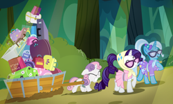 Size: 1200x718 | Tagged: safe, artist:pixelkitties, character:rarity, character:sweetie belle, character:trixie, episode:sleepless in ponyville, g4, my little pony: friendship is magic, alternate hairstyle, camping outfit, crepuscular rays, don't trust wheels, glasses, ponytail, sweetiebuse, wheeless cart