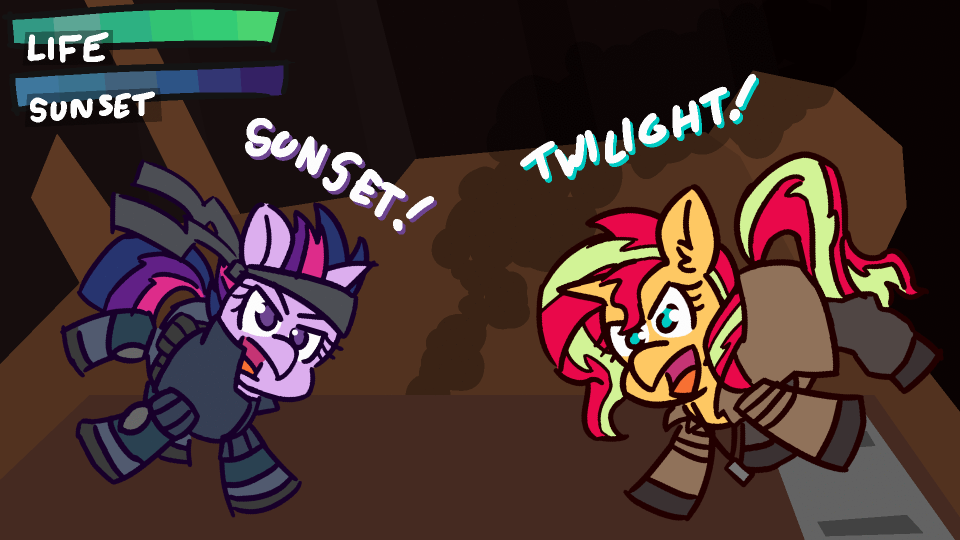 Size: 1920x1080 | Tagged: safe, artist:threetwotwo32232, character:sunset shimmer, character:twilight sparkle, species:pony, species:unicorn, newbie artist training grounds, animated, atg 2018, dialogue, female, gif, liquid snake, mare, metal gear, solid snake