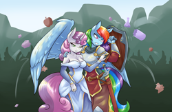 Size: 3300x2158 | Tagged: safe, artist:ambris, character:rainbow dash, character:sweetie belle, species:anthro, species:pegasus, species:pony, species:unicorn, ship:sweetiedash, alternate universe, angry mob, apple, armor, belt, bodyguard, breasts, broken bottle, busty sweetie belle, cleavage, clothing, commission, duo, female, food, lesbian, older, older sweetie belle, protecting, shield, shipping, sword, weapon, youtube link
