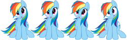 Size: 12800x4096 | Tagged: safe, artist:electronvolt, artist:ribiruby, artist:slb94, edit, character:rainbow dash, species:pegasus, species:pony, absurd resolution, blushing, both cutie marks, cute, dashabetes, dashstorm, female, looking at you, mare, multeity, simple background, sitting, transparent background, vector