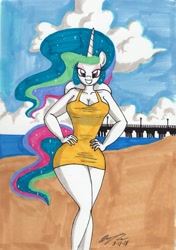 Size: 2089x2972 | Tagged: safe, artist:newyorkx3, character:princess celestia, species:anthro, beach, breasts, busty princess celestia, clothing, curvy, female, hourglass figure, looking at you, scenery, solo, swimsuit, traditional art