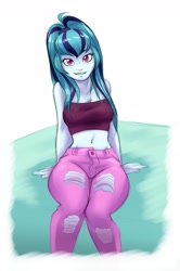 Size: 2313x3477 | Tagged: safe, artist:ambris, character:sonata dusk, my little pony:equestria girls, belly button, clothing, cute, female, hips, jeans, looking at you, midriff, pants, sitting, solo, sonatabetes, tattered, thighs