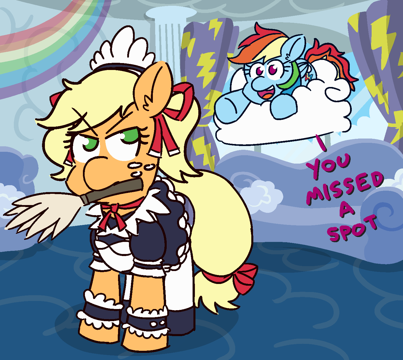 Size: 1400x1250 | Tagged: safe, artist:threetwotwo32232, character:applejack, character:rainbow dash, species:earth pony, species:pegasus, species:pony, alternate hairstyle, animated, annoyed, bow, clothing, cloud, couch, cute, dashabetes, dialogue, duster, ear fluff, female, floating, floaty, frown, gif, glare, hair ribbon, hairband, jackabetes, looking back, maid, mare, mouth hold, no pupils, open mouth, perfect loop, pillow, pointing, prone, rainbow douche, ribbon, sexy, smiling, tail bow, unamused, underhoof, window